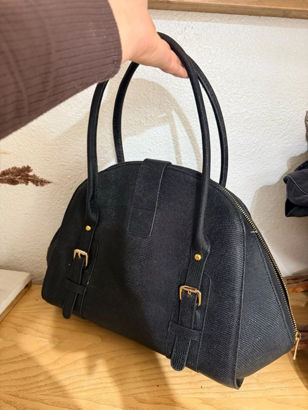 Black Dome Satchel with Gold Accents - Designer Inspired